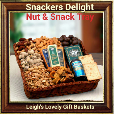 Dark stained, woven 10 inch divided tray holds a wonderful mix of savory and sweet snacks including  mixed nuts, roasted cashews, honey sweet peanuts, pistachios, snack mix, chocolate covered almonds, olive oil and sea salt crackers, Bavarian beef salami, Swiss,  smoked cheddar,  and zesty cheddar,  cheese bars.