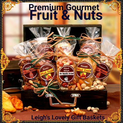 Black wood gift chest resembles a briefcase and is filled with an assortment of nuts and dried fruit including honey roasted peanuts,salted pistachios, mixed nuts,smokehouse almonds, salted cashews, pineapple,  apricots, peaches, pears, and  spicy oriental snack mix