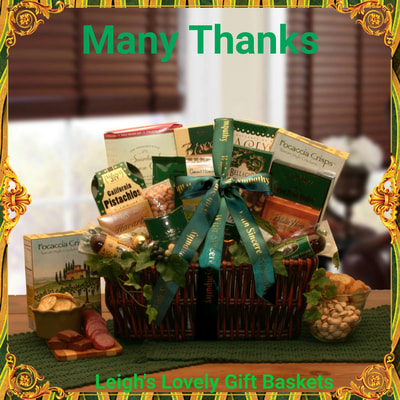 Dark stained willow gift basket with dark green ribbon printed with " Thanks A Million" 