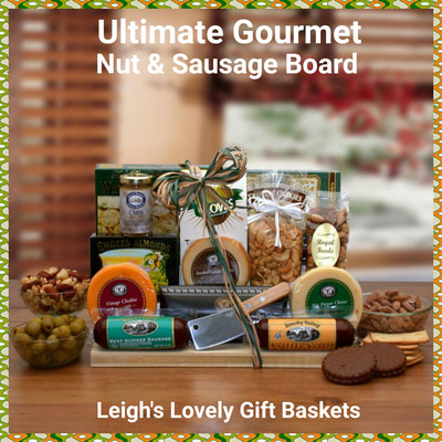 Wooden cutting board with a selection of cheeses, sausages, nuts, cookies and more! 
