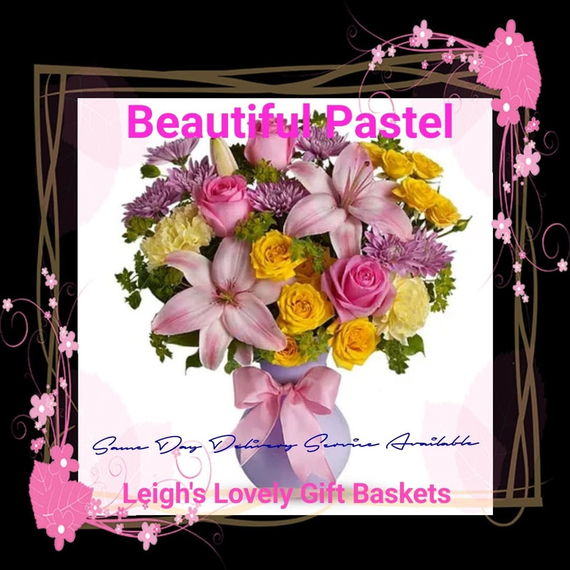 Beautiful Pastel Soft and romantic bouquet full of pastel flowers in a pastel vase! Bouquet includes Pink Asiatic Lilies, Pink Roses, Yellow Carnations and
 Purple Cushion, Spray Mums arranged in a 
 Lavender Vase trimmed with Ribbon. Arranged and delivered by a local network florist for Same Day Delivery to residences, businesses, hospitals and funeral homes. 