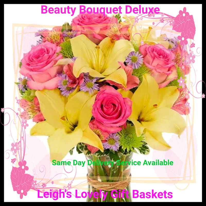 Beautiful Pastel Soft and romantic, bouquet full of pastel flowers in a pastel vase!  includes Pink Asiatic Lilies, Pink Roses, Yellow Carnations and
 Purple Cushion, Spray Mums arranged in a 
 Lavender Vase trimmed with Ribbon. Arranged and delivered by a local network florist for Same Day Delivery Service Monday through Friday. 