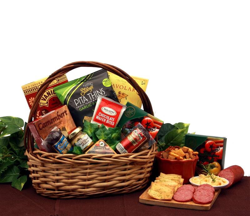Two toned wicker gift basket with central handle and trimmed with faux ivy Includes Bavarian Beef Salami, Bavarian Summer Sausage, Stone Ground Mustard, Dolcetto chocolate Wafer Bites, Stacey’s Garlic and Herb Pita Thins, Tavolare Snack Mix, Classic Vanilla caramels, Camembert Cheese Spread, Vegetable Cheese Spread,  and a Tomato Basil Cheese Triangle.