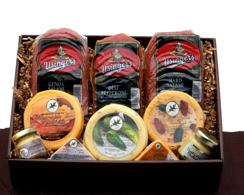 Dark brown gift box 
Includes Usinger’s Genoa Salami, Usinger’s Deli Pepperoni, Usinger’s Hard Salami, Champagne Mustard, Stone Ground Mustard, Cheddar with Onion and Chive Cheese Triangle, Wisconsin Tomato Basil Cheddar Cheese Triangle, Hot pepper Cheese Round, Wisconsin Chipotle Cheddar Round,  and Wisconsin Cheddar Cheese Round.