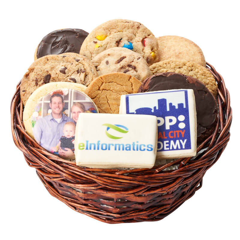 Wicker basket holds 20 assorted flavored gourmet cookies and 4 custom printed cookies with your name, logo or photo. Topped with a gift bow for gift giving. 