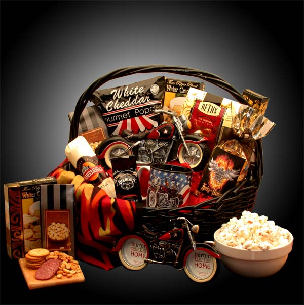 Handsome black wicker basket 
 includes ceramic motorcycle themed  bank, picture frame
and coffee mug, and a delicious variety of favorite snack items 