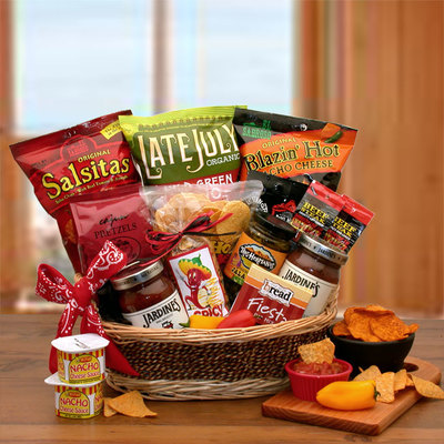 Woven tray style  basket holds a medley of spicy gourmet snacks.  Includes Salsitas salsa tortilla chips, guacamole tortilla chips, blazin hot nacho tortilla chips, white corn tortilla chips, Cajun pretzel waffles, flamming hot beef steaks stripes, spicy sliced jalapenos, nacho cheese dip, Fiesta spicy jalapeno cheese dip, spicy taco seasoned gourmet snack mix, black bean and corn mild salsa and chunky mild salsa. 