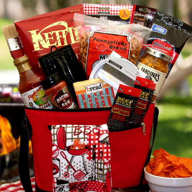 Grilling themed 12 pack cooler bag includes a tasty selection of snacks,  sauce, rub barbecue sauce, bacon rub spice,  BBQ grill wipes, stick lighter, hamburger patty press, basting brush, cotton hand towel, 2 and mini barbecue grill mates for grilling vegetables or smaller meats.
