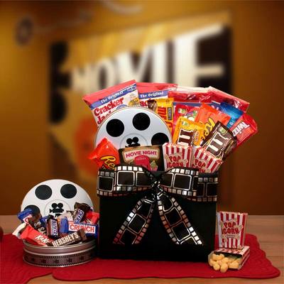  Movie Reel tin  with 10.00 Red Box gift card includes 12 assorted fun size candy bars, microwave popcorn, cracker jacks, caramel popcorn, Oreo cookies, and other fun candy treats! 