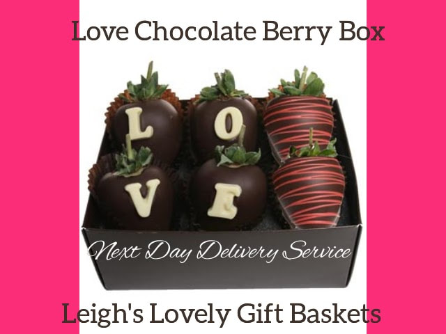  Six fresh and juicy strawberries are hand dipped in Belgian Chocolate and decorated with the letters L-O-V-E or red drizzle icing. Next Day Delivery Service Available. Click here to connect to Leigh's online gift boutique. 
Select Chocolate Covered Treats from the Shop Menu