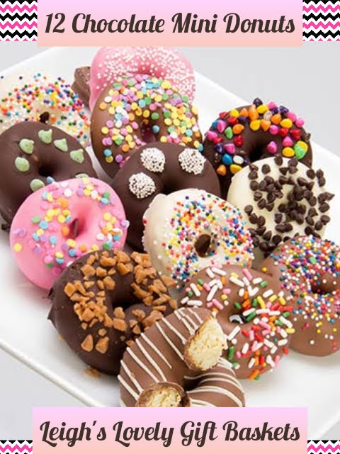 One Dozen donuts are dipped in Belgian Chocolate and decorated with colored frosting, sprinkles, drizzle and candy bits. Next Day Delivery Service is available.
Click here to connect to Leigh's online gift boutique. Select Chocolate Covered Treats from the Shop Menu.