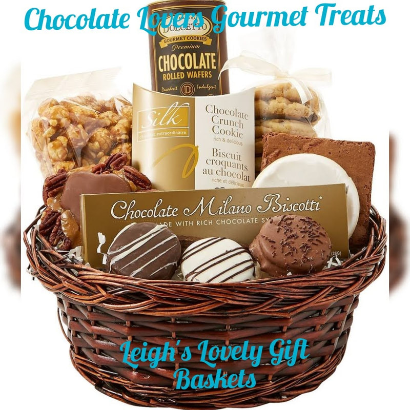 Dark stained round woven basket holds 8 Bite Size Chocolate Chip Cookies and
Chewy Chocolate Brownie, Buttercream Frosted Cookie,
Chocolate Wafer, and Chocolate Crunch Cookies,
Chocolate Biscotti,
3 Chocolate Dipped Oreo's, 
Large Chocolate Turtle and
Caramel Corn
Click here to connect to Leigh's online gift boutique! Select Gift Baskets from Shop Menu
Select All Gift Basket Gift Ideas
Select Gourmet Baskets/ Box Towers
Select Chocolates, Nuts & Sweets 
