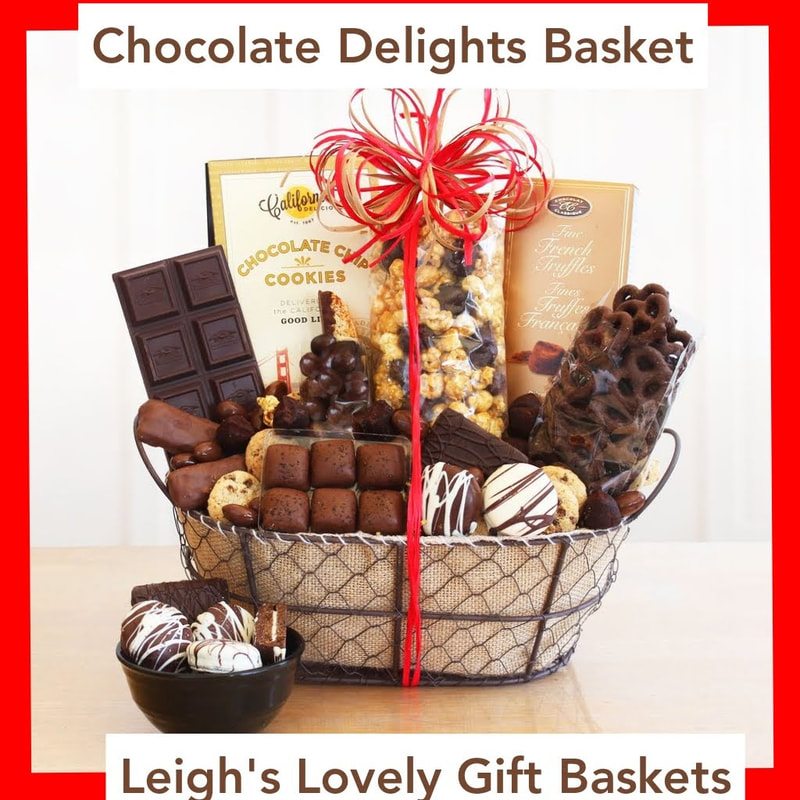 Rustic wire and black metal basket is lined with a tan hopsack material and topped with a red ribbon bow. Filled with a medley of chocolate treats. Includes 
Chocolate Chip Cookies,
Chocolate Caramel Popcorn,
French Truffles,
TCHO Chocolate Bar, Ghirardelli Chocolate Bar,
Chocolate Pretzels,
Milk and White Chocolate-covered Sandwich Cookies,
Chocolate-covered Almonds,
Chocolate-covered Graham Crackers,
Vanilla Bean Toffee and Biscotti