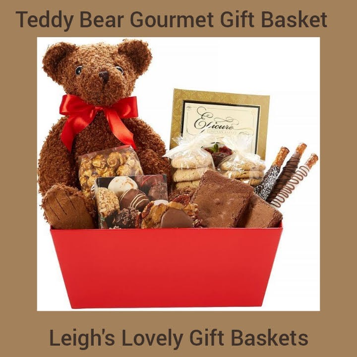 Cheery red market tray  includes a 
14" Plush Teddy Bear, Brownies,
 Mini Chocolate Chip and Snicker Doodle Cookies, Chocolate Raspberry Cake,
Oversize Chocolate Caramel Turtle,
Caramel Corn,
Chocolate Covered Pretzels, Chocolate Truffles.
Click here to connect to Leigh's online gift boutique!  Select Gift Baskets from Shop Menu
Select All Gift Basket Gift Ideas
Select Gourmet Baskets/ Box Towers
Select Chocolates, Nuts & Sweets 
