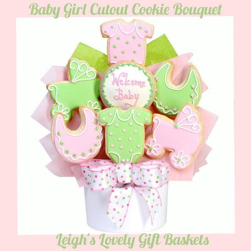Welcome baby and delight the family with this delicious presentation of sweetly glazed and hand decorated baby shaped butter cookies. Comes with 7 cookies.

Baby Girl Cutout Cookie Bouquet Includes:

• " Welcome Baby " Cutout Butter Cookie
• Bib Cutout Butter Cookies
• Onesie Cutout Butter Cookies
• Carriage Cutout Butter Cookies