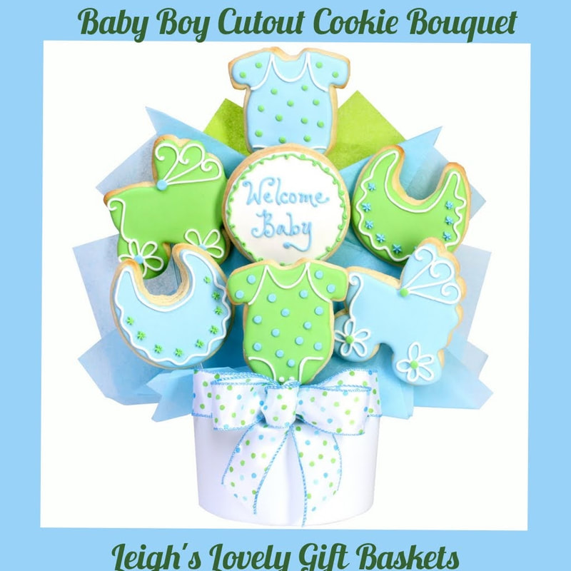 Welcome baby and delight the family with this delicious bouquet of sweetly glazed and hand decorated  butter cookies in baby bib, carriage and onesie cut outs. Artfully arranged in a white container and accented with a decorative bow. 