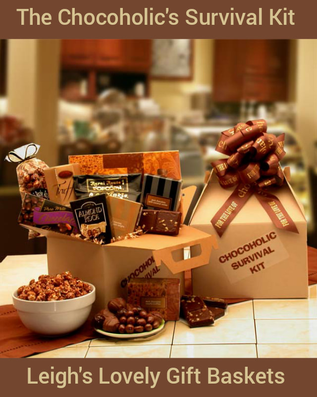 Kraft box with printed brown bow is a care package filled with oz Nutty caramel clusters, Coconut cream chocolates, Peanut Butter Cream chocolates, Double Chocolate truffles, Chocolate chewy brownies,Almond Rocca,Chocolate covered almonds, 
Chocolate cover popcorn with nuts, and Rocky Road popcorn