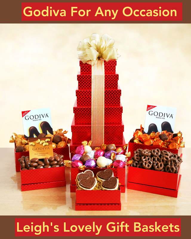 Classy and dramatic, this embossed red Godiva gift tower is tied with  a gold ribbon bow. Includes: Truffles  Creme Brulee Truffles,Chocolate Cashews.Truffle Biscuits , Chocolate Pretzels, Truffles