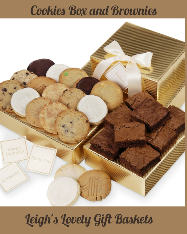 Elegant gold foil boxes are filled with  delectable selection of Chocolate Chunk Brownies, gourmet assorted gourmet cookies, Buttercream Frosted Cutout Cookies, Chocolate Frosted Peanut Butter Cookie
Chocolate Frosted Brownie Cookie. Available in Gluten Free with Chocolate Chip Cookies and Brownies