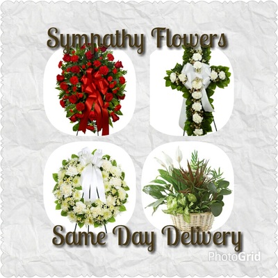 Sympathy and Condolence floral arrangements with display stand and free customizable banner. 