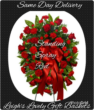 Standing Spray Red with Red Roses and Carnations and trimmed with a large red bow. Free Customizable Banner included. Same Day Delivery available to churches and funeral homes. 