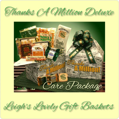 Printed gift box and ribbon with" Thanks A Million" and includes Werthers Original caramels
Chocolate and Vanilla wafer cookies, shortbread cookies, Almonds, pretzel sticks,
Asst Ghirardelli chocolate squares
Gourmet coffee, and
Thanks A Million vanilla caramel corn

