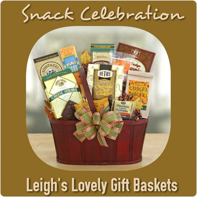  Red stained, slatted wood basket is filled  with cookies, mustard, cheese straws, olives, salami, cheese and salt water taffy. Tied with a colorful ribbon, this fun basket is for serious snackers! 