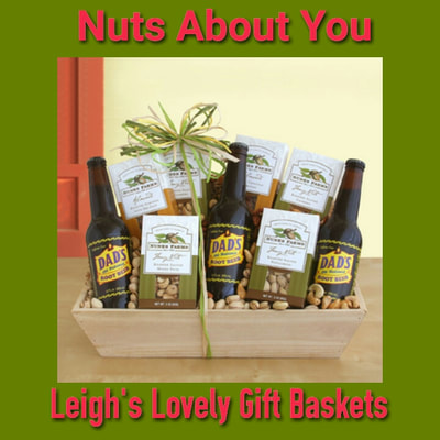 Natural wooden gift tray with roasted salted mixed nuts, almonds, pistachios, and cashews,honey cinnamon almonds cashews and three Dad's root beers.