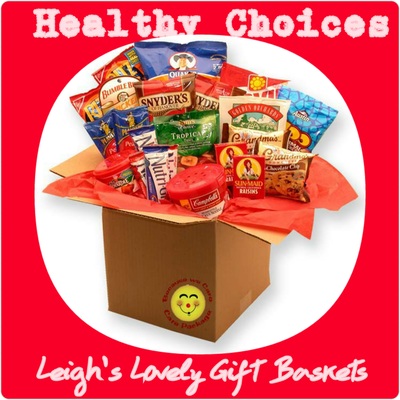 Healthy Choices Deluxe Care Package. A carton full of healthier snacking options. Includes chicken salad, crackers,  ravioli, chicken noodle soup, raisins, granola bars and much more! 