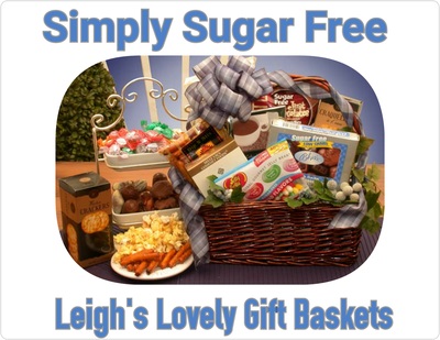   Dark stained basket holds a treasure chest of sugar free snacks! Enjoy Sugar Free Just Chocolates Candies, 
  Jelly Beans, Assorted Fruit candies, Gourmet Coffee, 
Water Crackers, Pretzel Sticks, Cheese Dip and
White Cheddar Popcorn