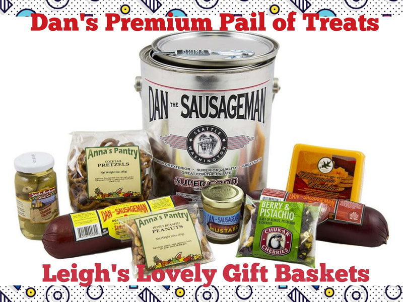 Dan The Sausage Man's signature 1 Gallon Collector Paint Can holds a variety of savory snacks! Includes Summer Sausage,
Hot Summer Sausage,
Santa Barbara Garlic Stuffed Olives,
Bandon Sharp Cheese,
Toffee Almond Cranberry Crunch,
Eastshore Pretzels,
Sweet 'n' Hot Mustard, and
Spiced Almonds