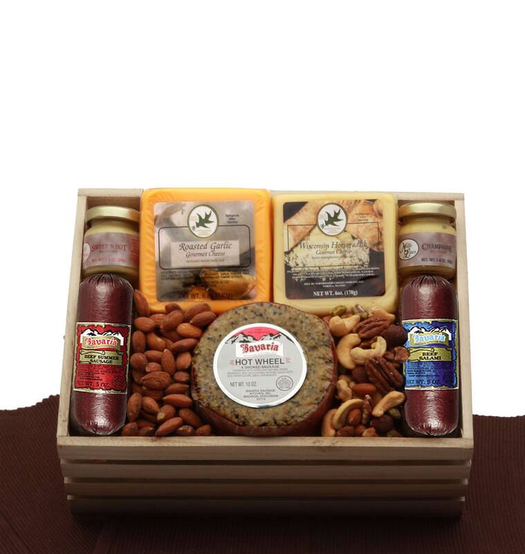 Pine crate with raffia bow holds a selection of savory snacks including includes Sweet N Hot mustard. Champagne mustard, Bavarian summer sausage, Bavarian Beef salami, smoked almonds, salty deluxe mixed nuts,  Roasted garlic cheddar cheese square, Wisconsin Horseradish cheese square, Bavarian smoked sausage wheel spiced with hickory smoke, garlic and honey.