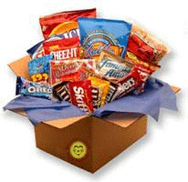 Kraft box with blue tissue paper is filled with a variety of salty and savory snacks and sweet treats too! 