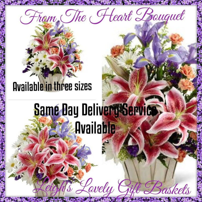 From The Heart Bouquet features a medley of Pink Stargazer Lilies, Blue Iris, White Daisies and Purple Statice artfully arranged in a white wash bucket. This beautiful arrangement is available in three sizes: Regular, Premium and Deluxe, all arranged and delivered by a local network florist with  Same Day Delivery Service. Order  Monday- Friday. Order before 10 am EST for Same Day Delivery Service or order ahead. 
 
 