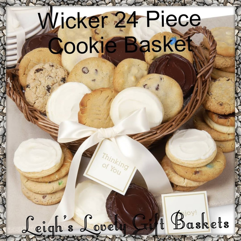Lovely wicker handled basket holds twenty-four delicious gourmet cookies including buttercream frosted cutouts. Tied up in a cello bag with an elegant bow and sentiment tag of your choice.  