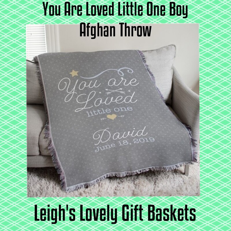 Tapestry throw blanket for little boys features a light gray dot pattern on a  medium gray field with a fringed border. Blanket measures 54 x 38 inches and constructed of a 85/15 poly/cotton blend that is machine wash cold, tumble dry low. Personalize with name and birthdate for free! 