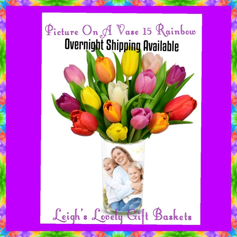 Create a truly unIque gift by emailing a photo to La Bella Baskets and customizing the message to be placed above and below the photo. A bouquet of fifteen rainbow tulips are included. Overnight shipping is standard for this item. 